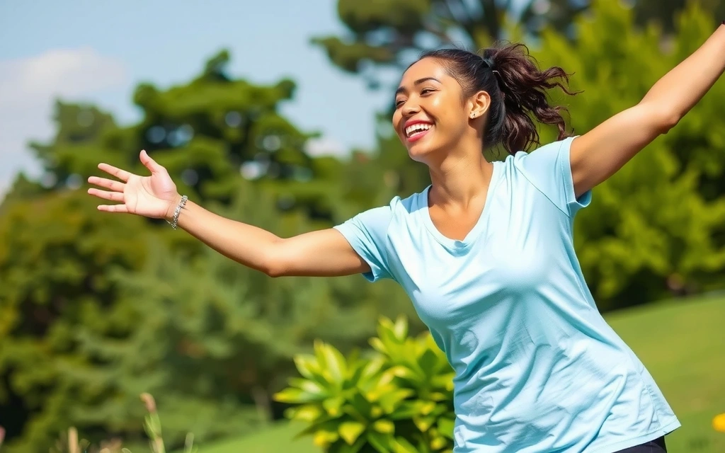 A person with natural energy, vibrant and active, smiling outdoors, surrounded by lush greenery under a clear sky.