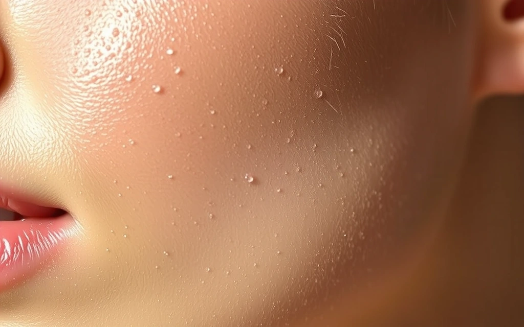 Close-up of dewy, radiant skin, showing a healthy glow under natural light, with a subtle hint of moisture droplets.
