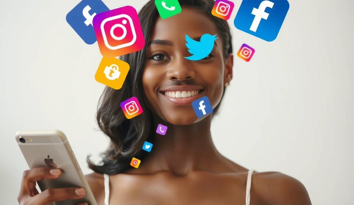 A woman interacting with a smartphone, showing social media icons floating around her, representing digital connection and community engagement.