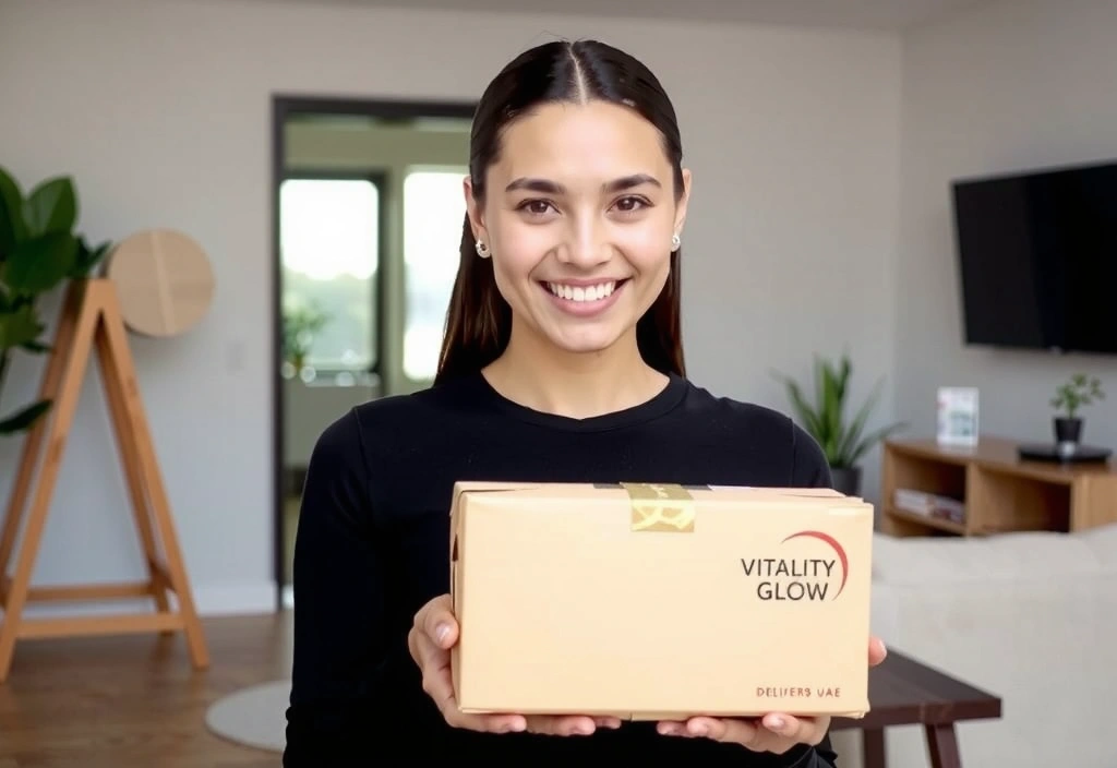 Woman looking at a shipping box with Vitalityandglowuaeco branding, representing order and delivery